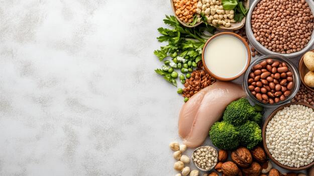 The top view of a bowl of different types of foods photo