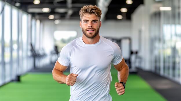 A man running in a gym photo