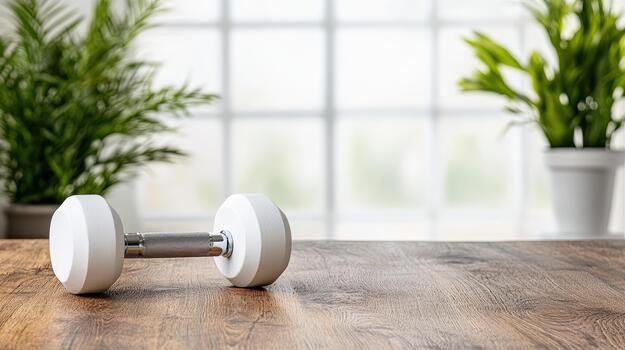 A white dumbbell on a wooden table in front of a window photo