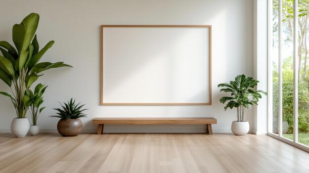 Empty room with a wooden floor and a large blank frame photo