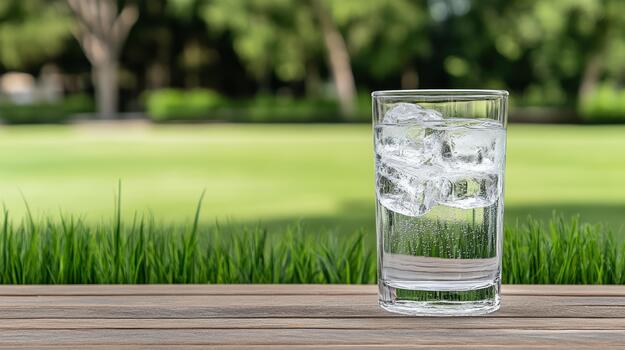 A glass of water on a wooden table in front of grass photo