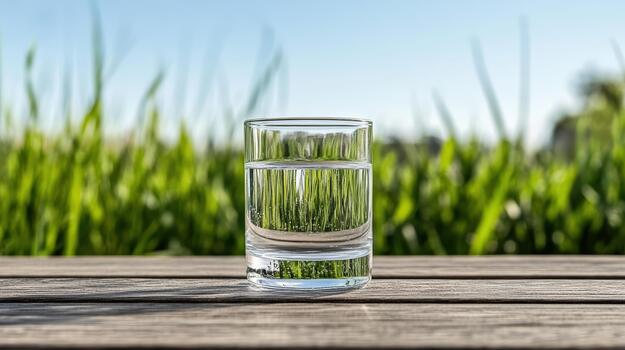 A glass of water on a wooden table in front of a green field photo
