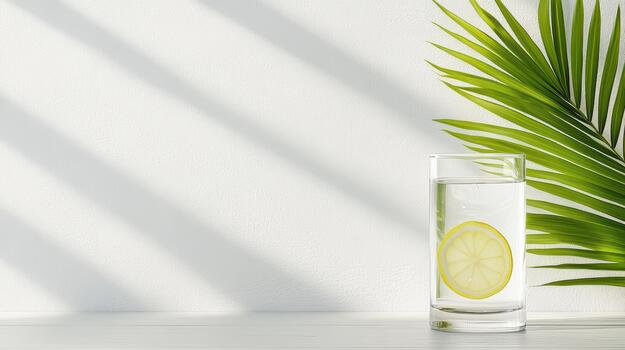 A glass of water with lemon slices and a palm tree photo