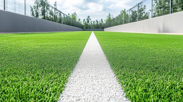 A white line on the grass of an artificial soccer field photo