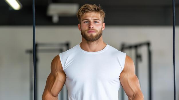 un hombre con un barba en pie en frente de un gimnasio foto