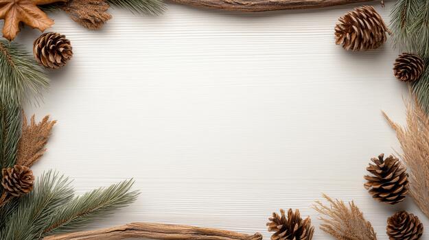 Christmas frame with pine cones, fir branches and other decorations on a white background photo