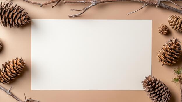 Blank paper with pine cones and branches on a beige background photo