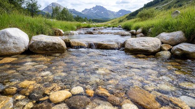 A stream running through a grassy field with rocks and grass photo