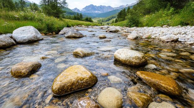 A river flowing through a rocky stream in the mountains photo