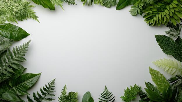 Green leaves and ferns arranged in a circle on a white background photo