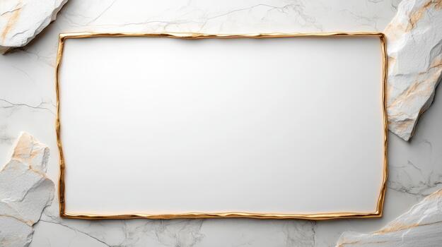 Gold frame on marble background with white paper photo
