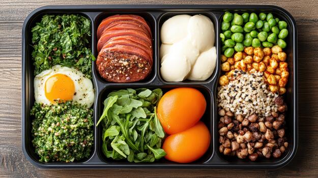 A black container with different types of food photo