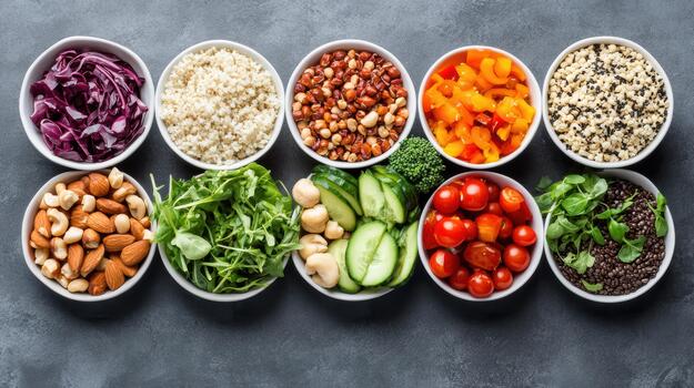 A variety of different types of vegetables and fruits in bowls photo