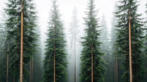 A group of tall pine trees in a foggy forest photo