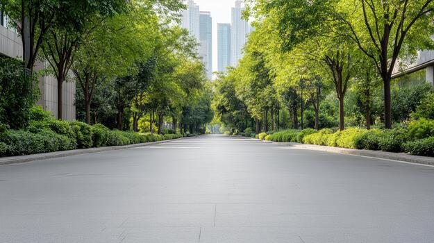 An empty street lined with trees and buildings photo