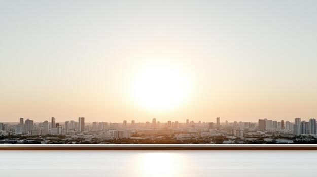 An empty table with a view of the city skyline photo