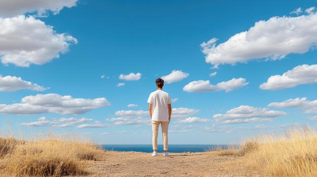 A man standing on a dirt path looking at the ocean photo
