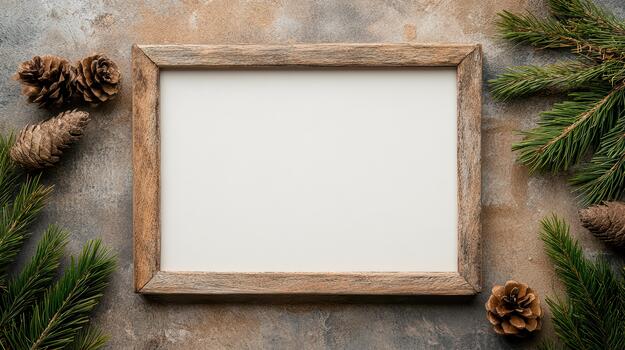 Wooden frame with pine cones and fir branches on concrete background photo