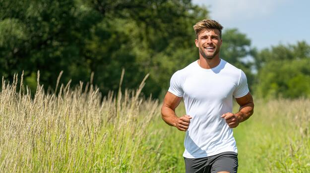 A man running in a field photo