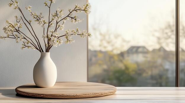 A vase with flowers sitting on a table in front of a window photo