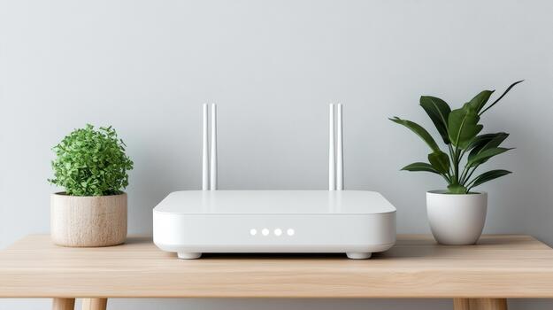 A white router on a wooden table with a plant in front of it photo