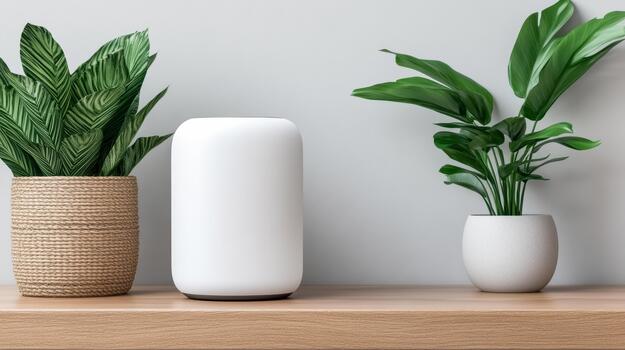 A white smart speaker and two potted plants on a shelf photo