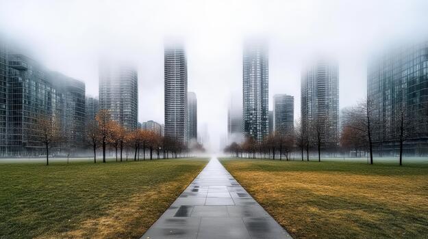 A path in a park with tall buildings in the background photo
