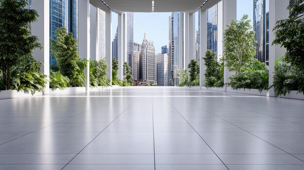 An empty hallway with tall buildings in the background photo