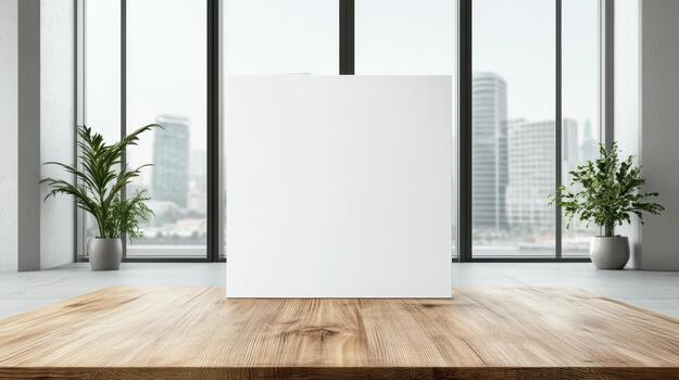 A blank white poster on a wooden table in front of a window photo