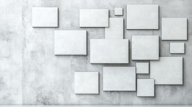White square frames on a wall with a concrete floor photo