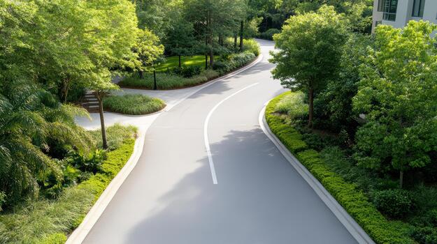 A curved road with trees and bushes in the foreground photo