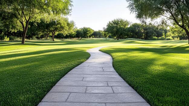 soleado Roca ruta mediante verde parque con arboles y oscuridad foto