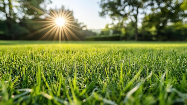 Lush green grass field at sunrise with sunburst and soft bokeh trees photo
