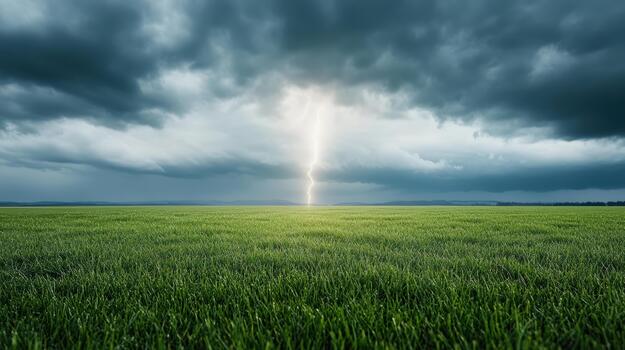 Storm cloud lightning striking open green field at horizon with dramatic sky photo