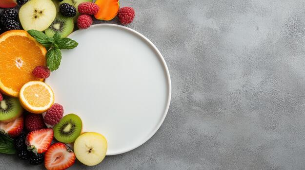 Fresh fruit assortment around empty white plate on textured gray surface, vibrant and inviting photo