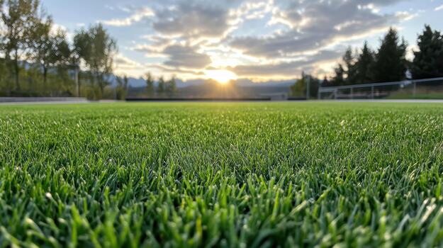 Sunlit green grass field at sunrise with distant trees and cloudy sky photo
