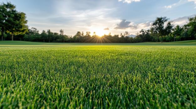Sunlit green grass field at sunrise with soft trees and sky photo