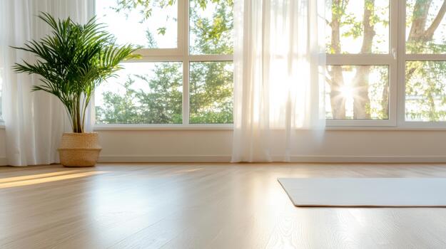 Sunlit yoga mat by large window with sheer curtains and potted palm photo