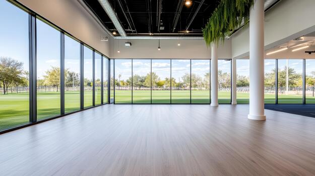 Bright open studio with floor to ceiling windows overlooking green field and trees photo