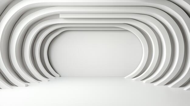White curved architectural tunnel with layered archway and smooth floor, minimalist serene photo
