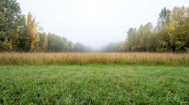 Misty meadow with dew covered grass and autumn trees fading into fog photo
