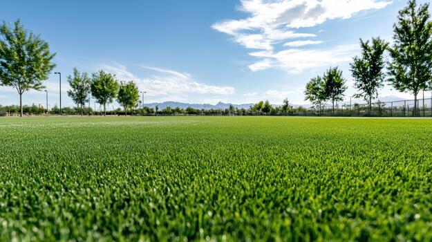 Green grass field under blue sky with distant trees and mountains photo