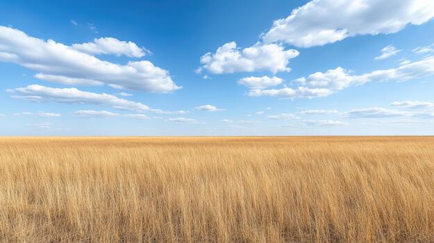 A field of dry grass with a blue sky in the background photo