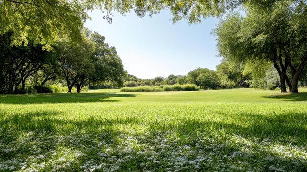 A green field with trees and flowers photo