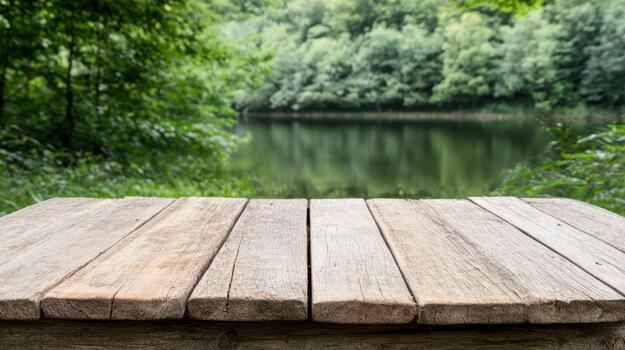An empty wooden table in front of a lake photo