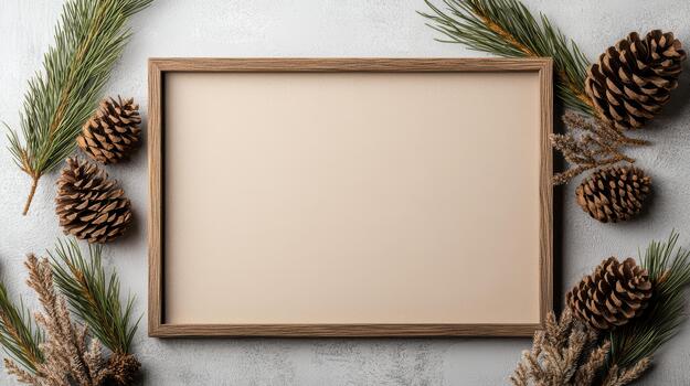 Christmas frame with pine cones and fir branches on concrete background photo