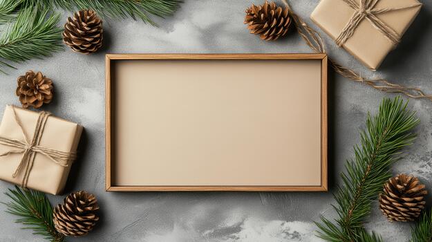 Christmas tree and presents on a gray background with copy space for text photo