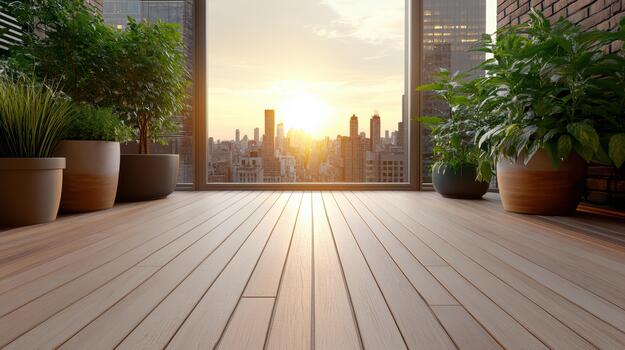 A view of a city from an open window with potted plants photo