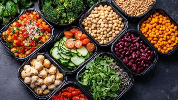 A variety of different types of food in black containers photo