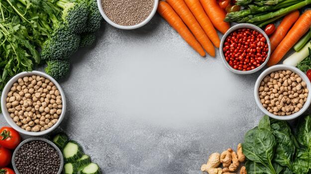 Various vegetables and beans are arranged in a circle photo